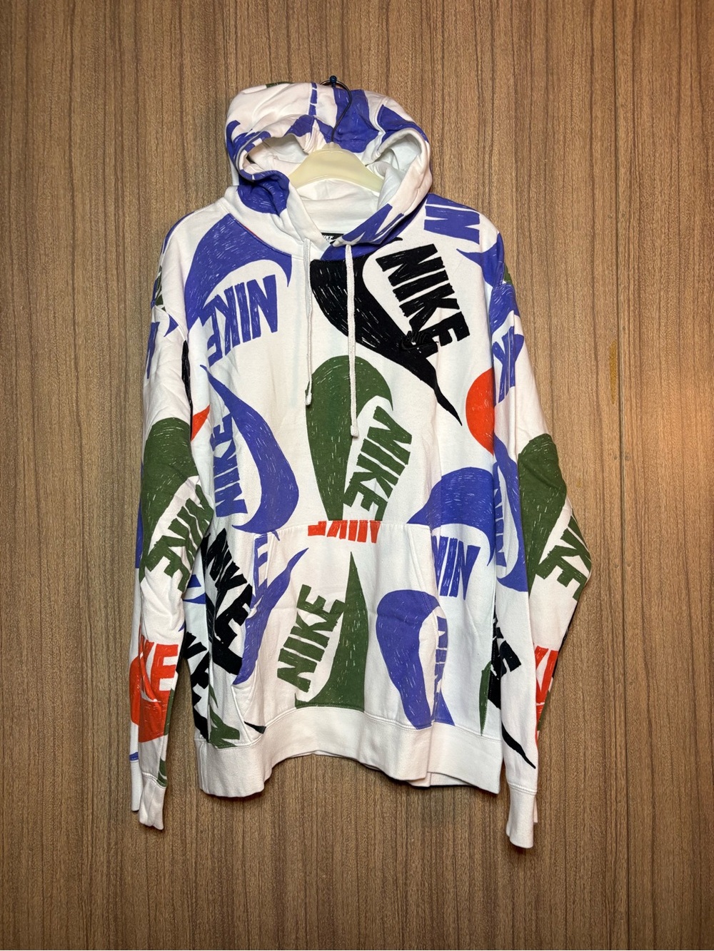 Nike White Crewneck Hoodie with Multi-Color Logo Print
